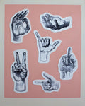 Set of black and white hand gestures on a pink background