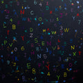 Colorful letters and numbers on a dark textured background