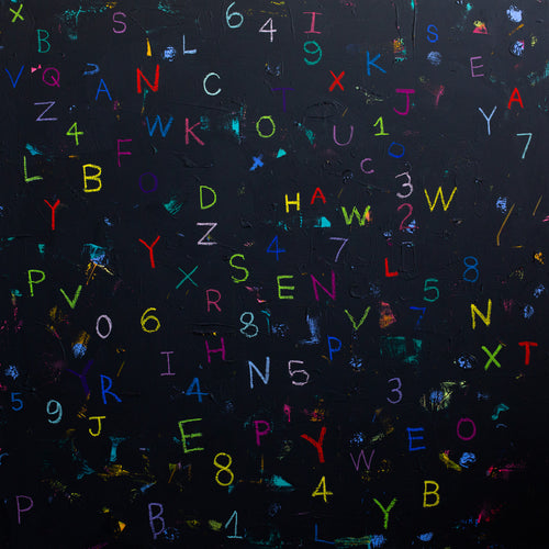Colorful letters and numbers on a dark textured background