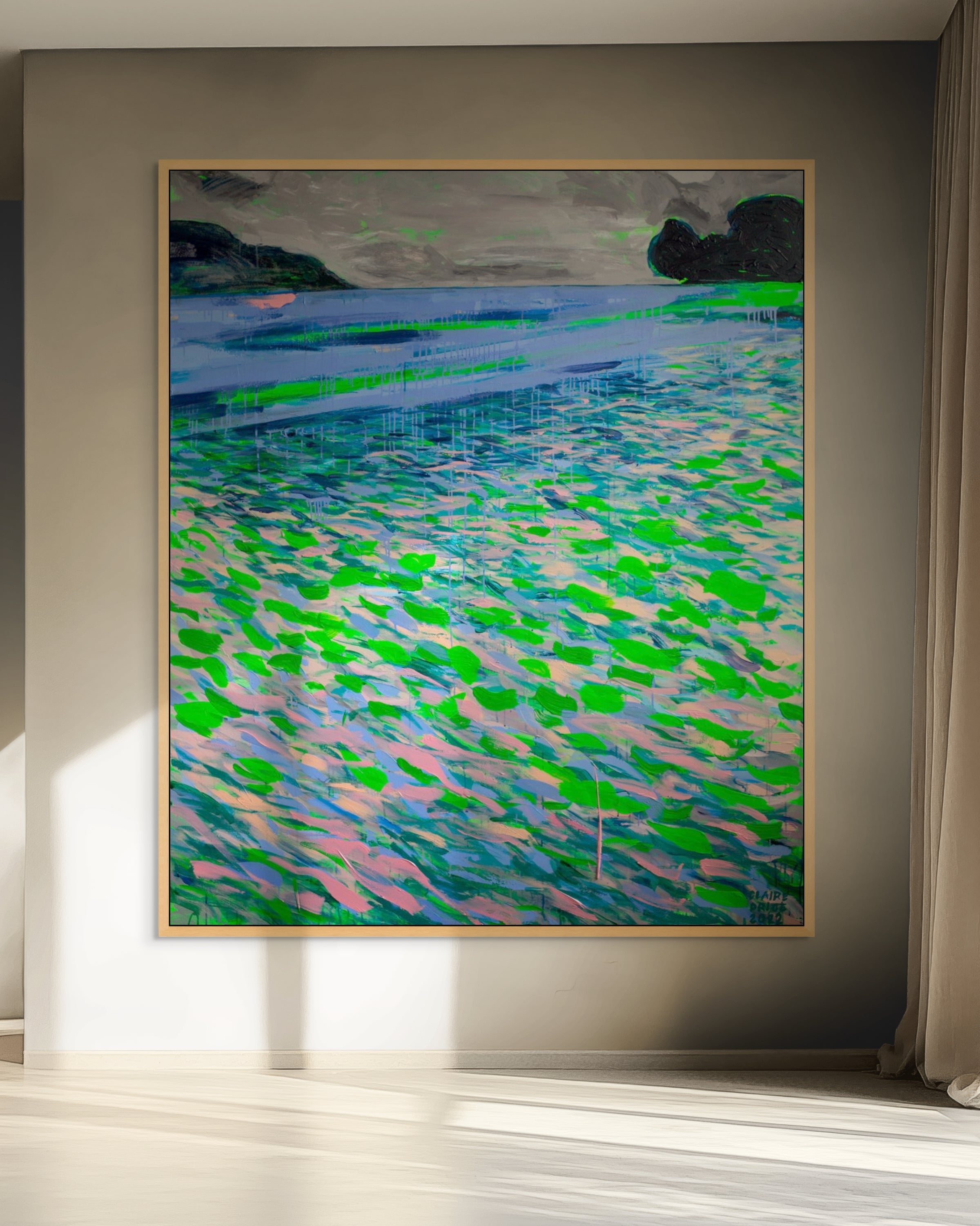 Abstract painting with green and blue patterns on a gray wall