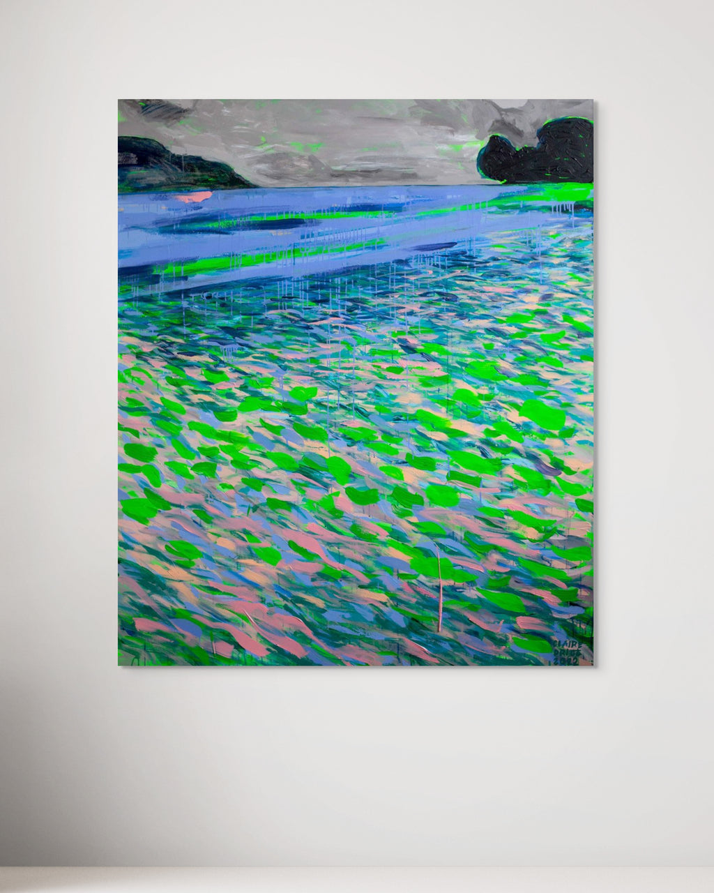 Abstract painting with green and blue patterns on a white wall