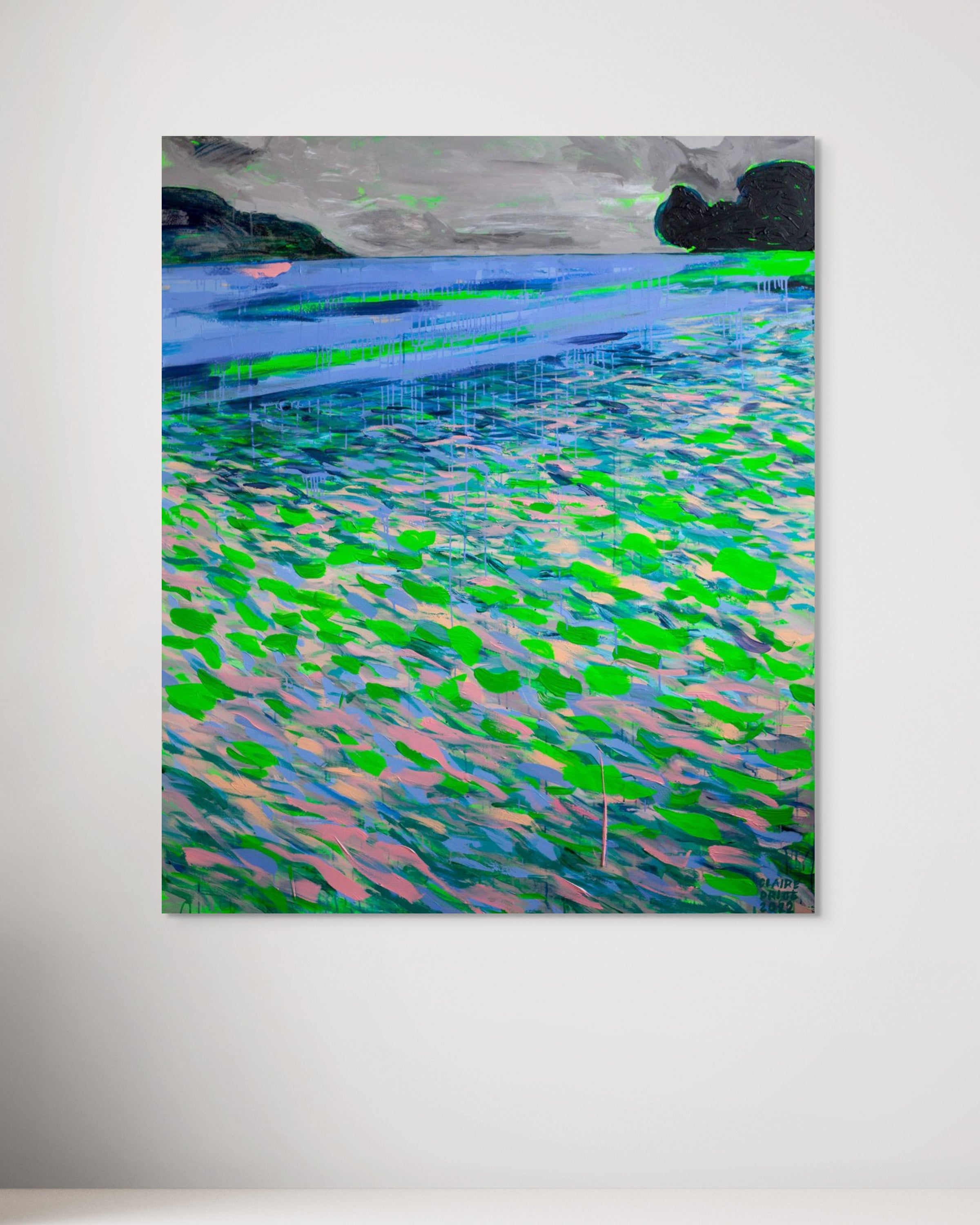 Abstract painting with green and blue patterns on a white wall