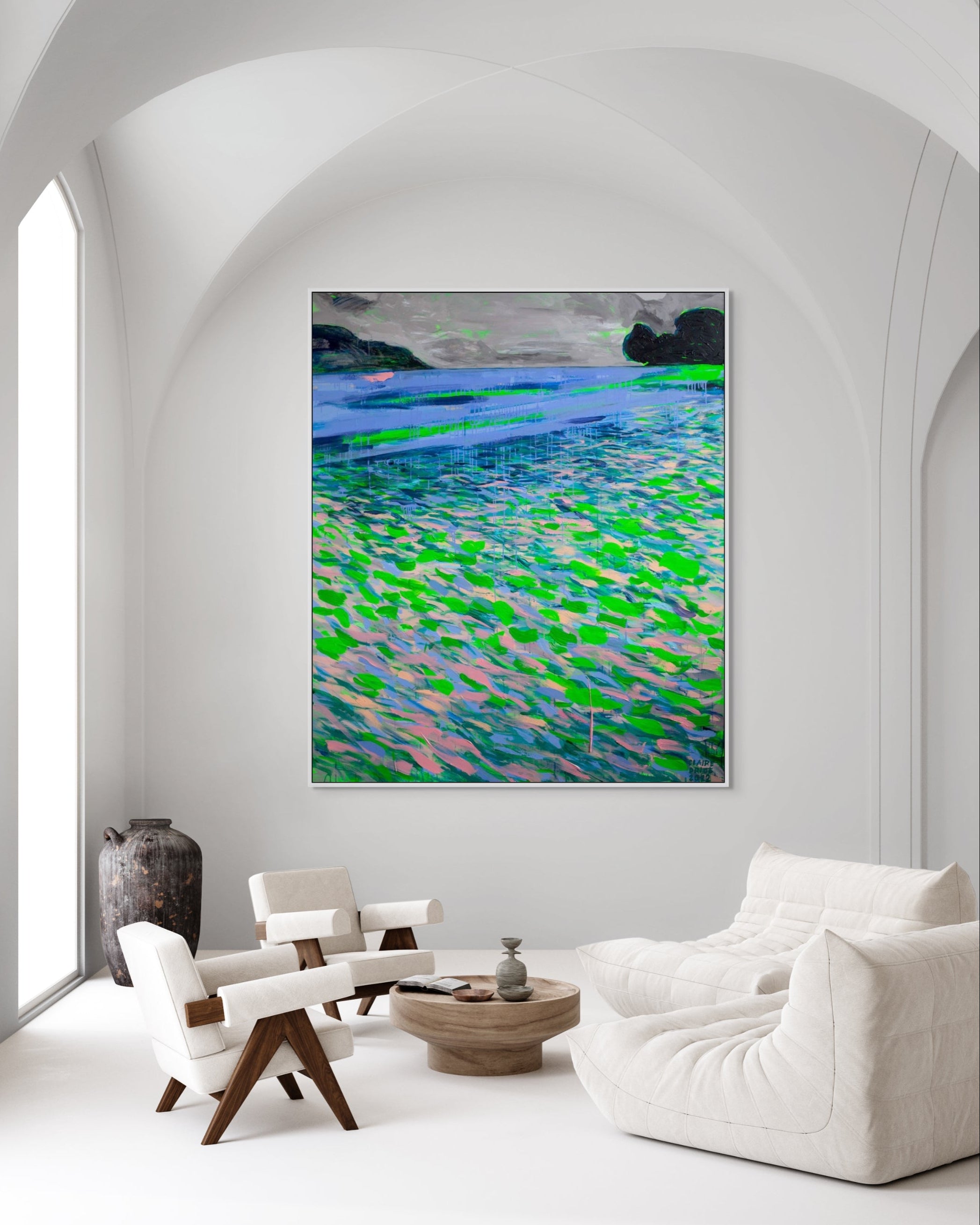 Modern living room with a large abstract painting on the wall.